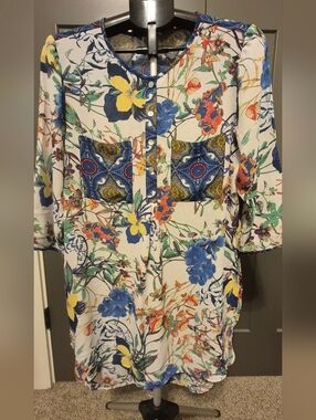 Fig & Flower Floral Boho Blouse Patchwork Pocket Top Cottagecore Blue Yellow